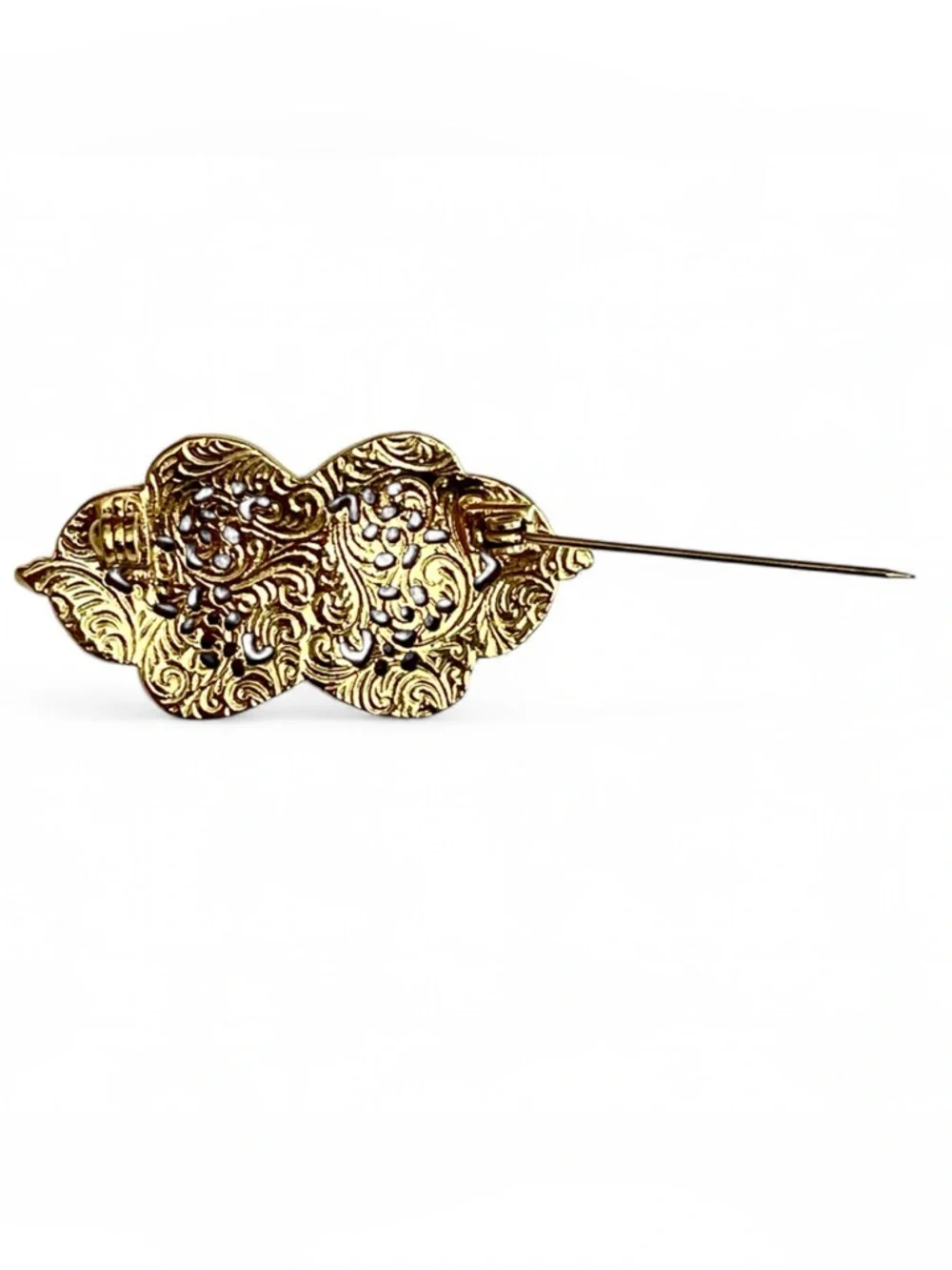 Vintage Gold Tone Faux Pearl Rhinestone Bar Brooch Pin Pink Ornate Filigree Chic - Picture 5 of 7